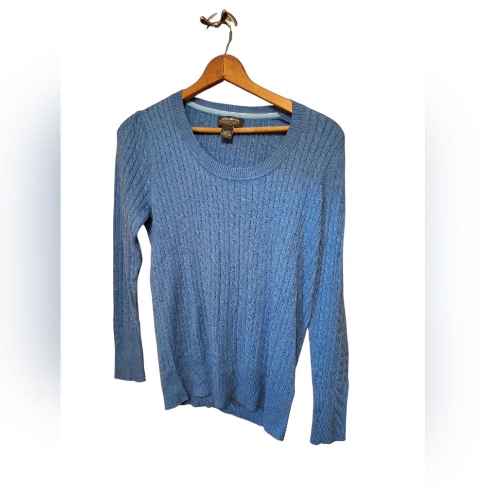 Eddie Bauer Women's Blue Crew Neck Fisherman's Knit Sweater XL Preppy Weekends
